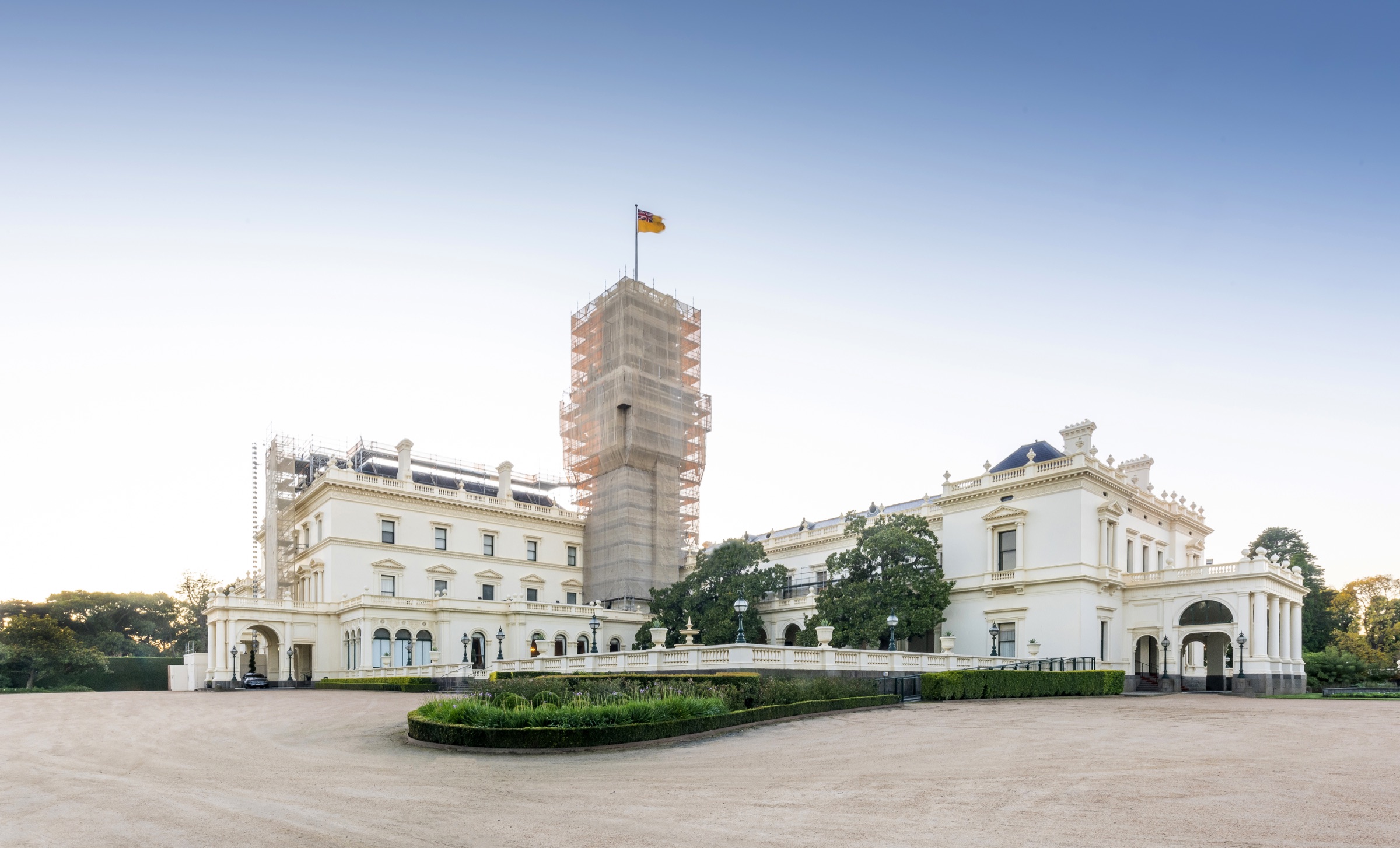 Government House principal elevation with the flag tower scaffolded during restoration