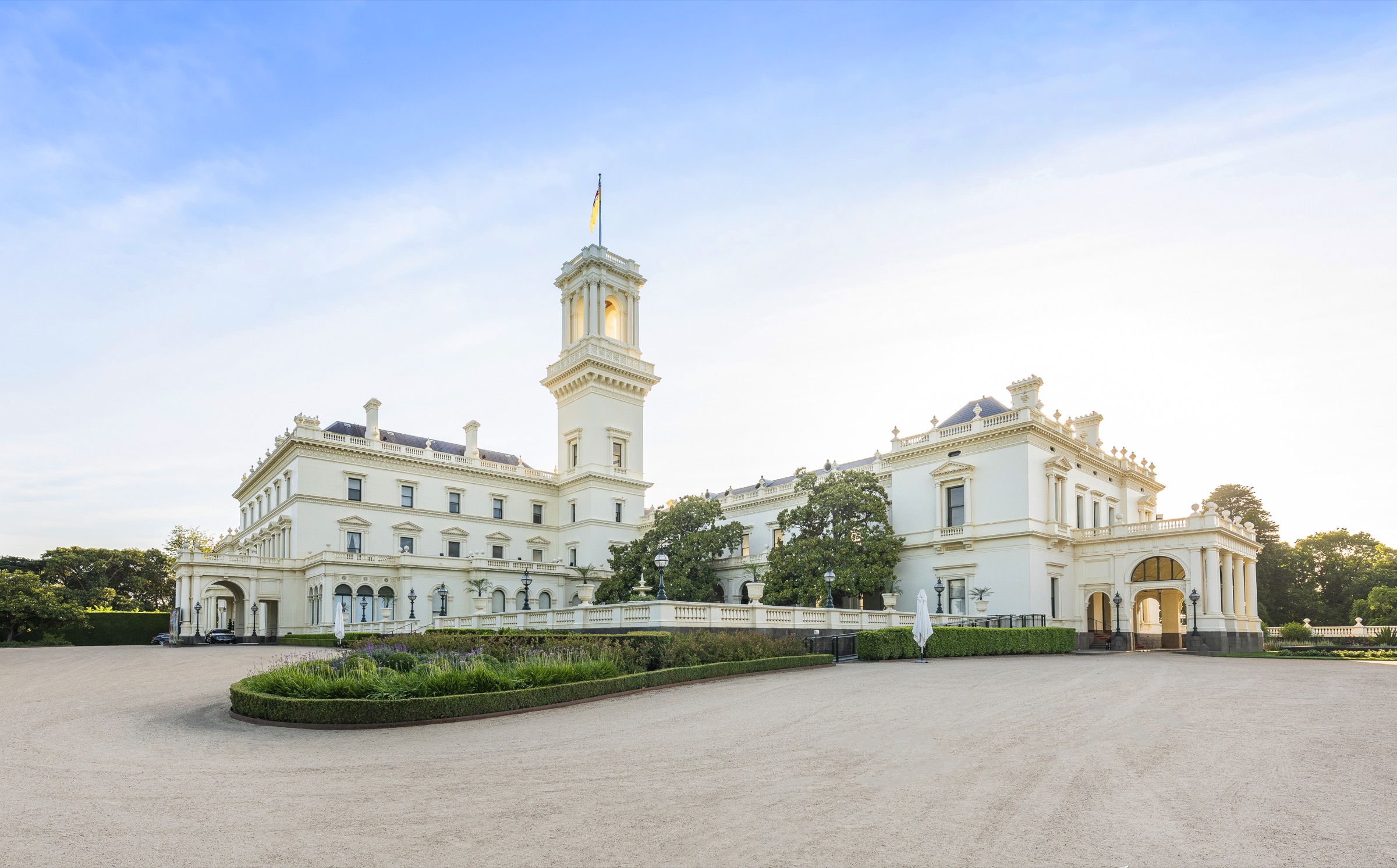 Restored principal elevation and flag tower of Government House